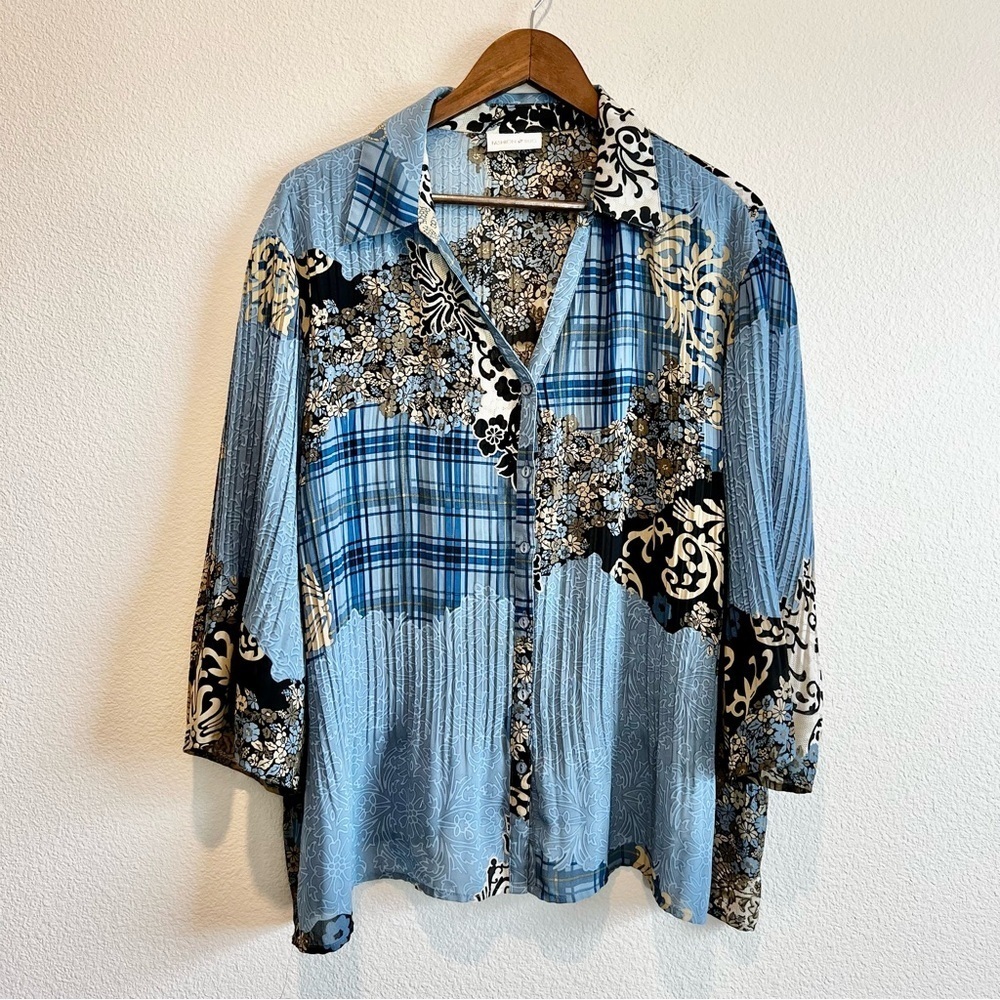 Vintage Y2K Fashion Bug Sheer Chiffon Blouse Blue Patchwork 1X Boho Grunge